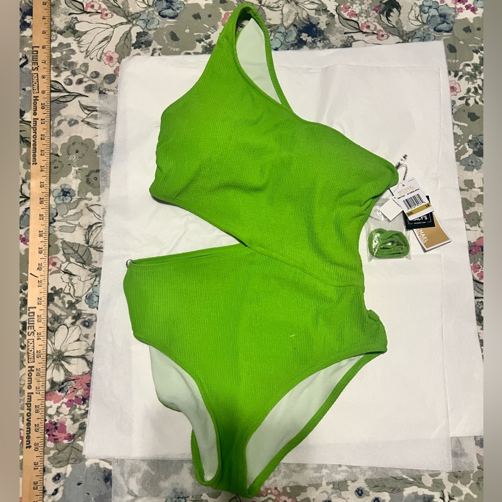 Michael Kors Neon Lime One-Shoulder Ribbed Cutout One-Piece Swimsuit
